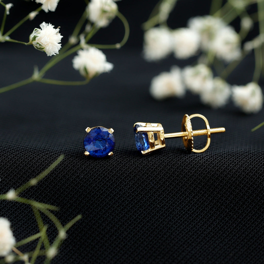 1.9 Carat Round Blue Sapphire Solitaire Stud Earrings in Claw Setting