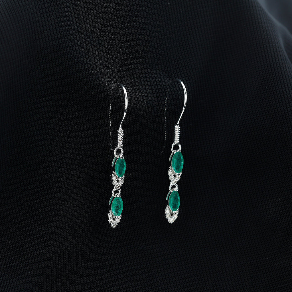 Marquise Cut Emerald Dangle Earrings with Diamond