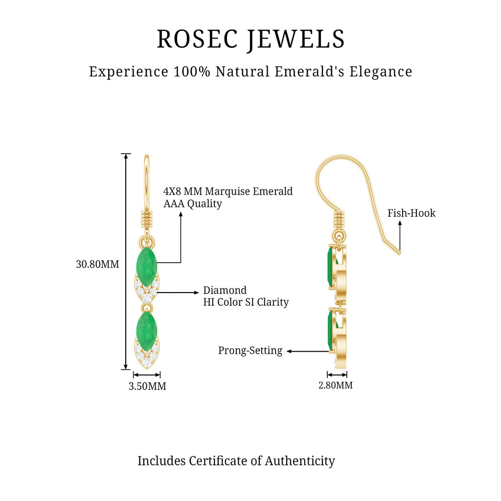 Marquise Cut Emerald Dangle Earrings with Diamond