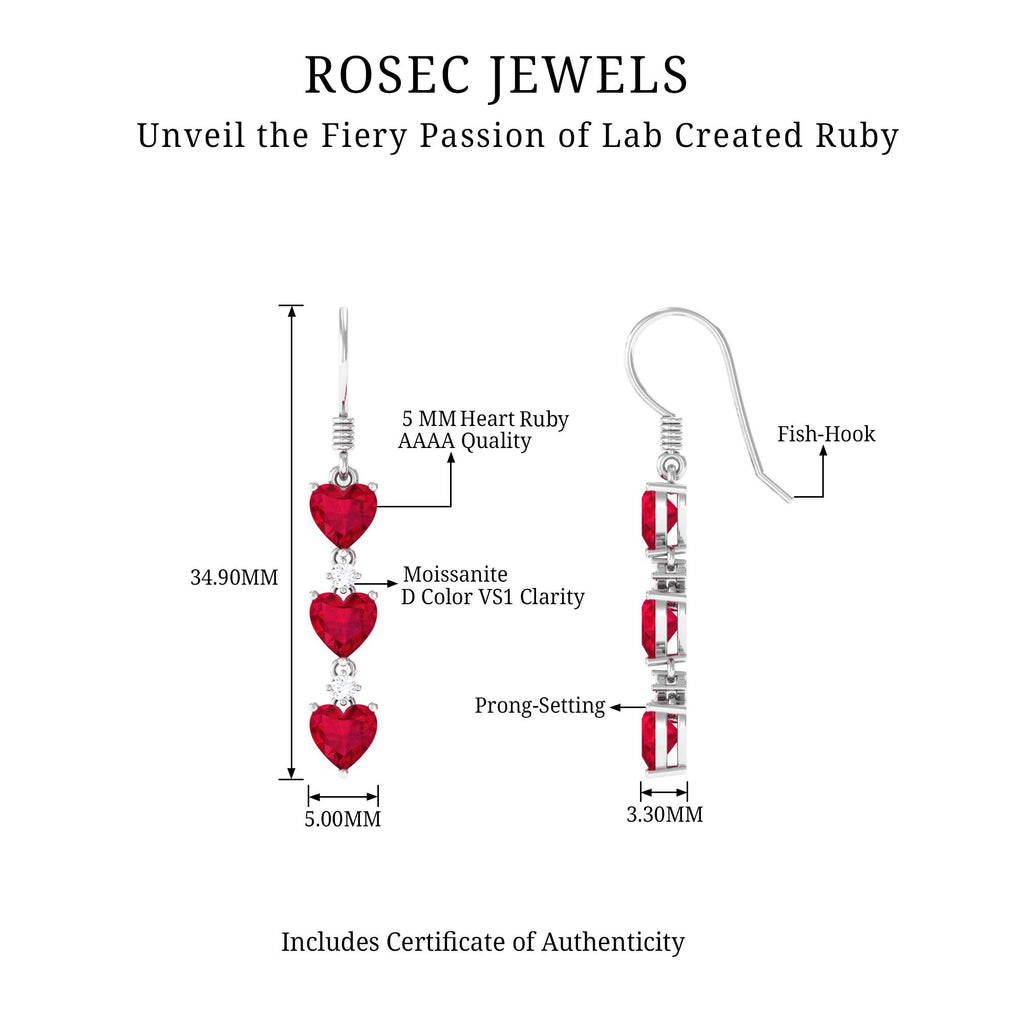 Lab Grown Ruby Heart Dangle Earrings with Diamond