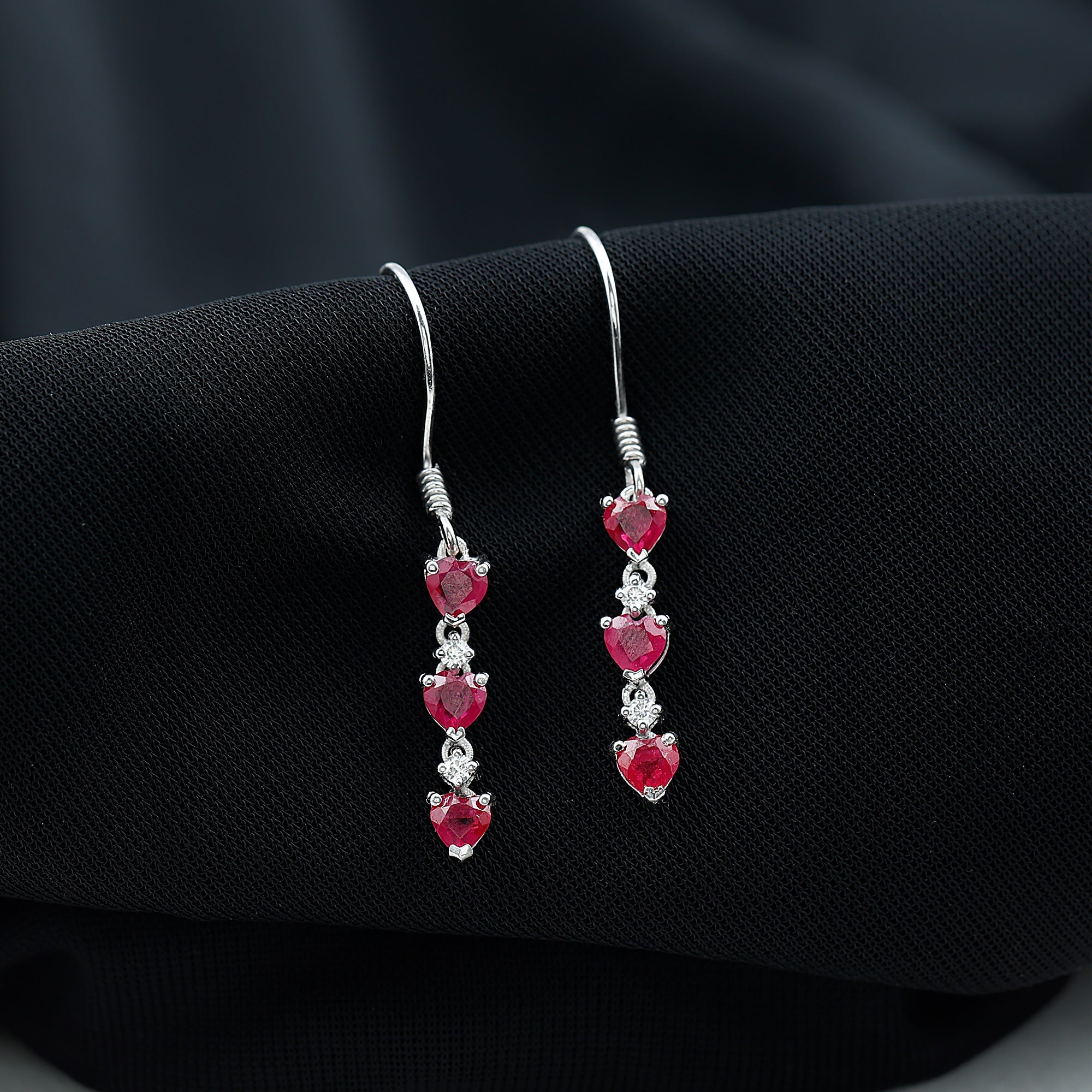 Lab Grown Ruby Heart Dangle Earrings with Diamond