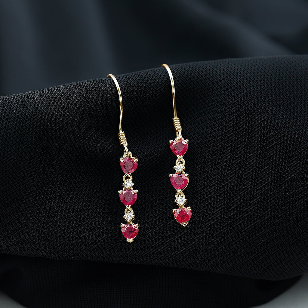 Lab Grown Ruby Heart Dangle Earrings with Diamond