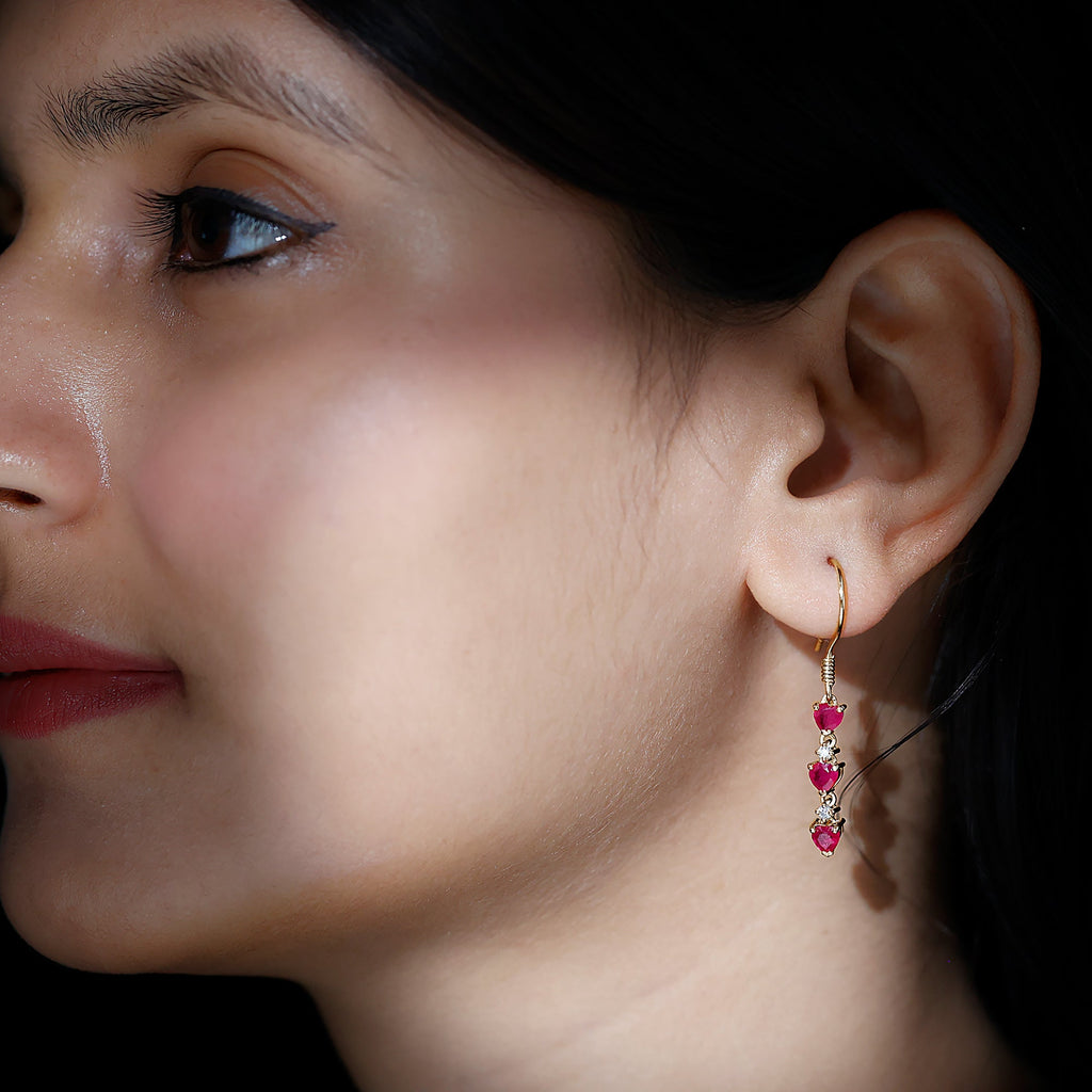 Lab Grown Ruby Heart Dangle Earrings with Diamond