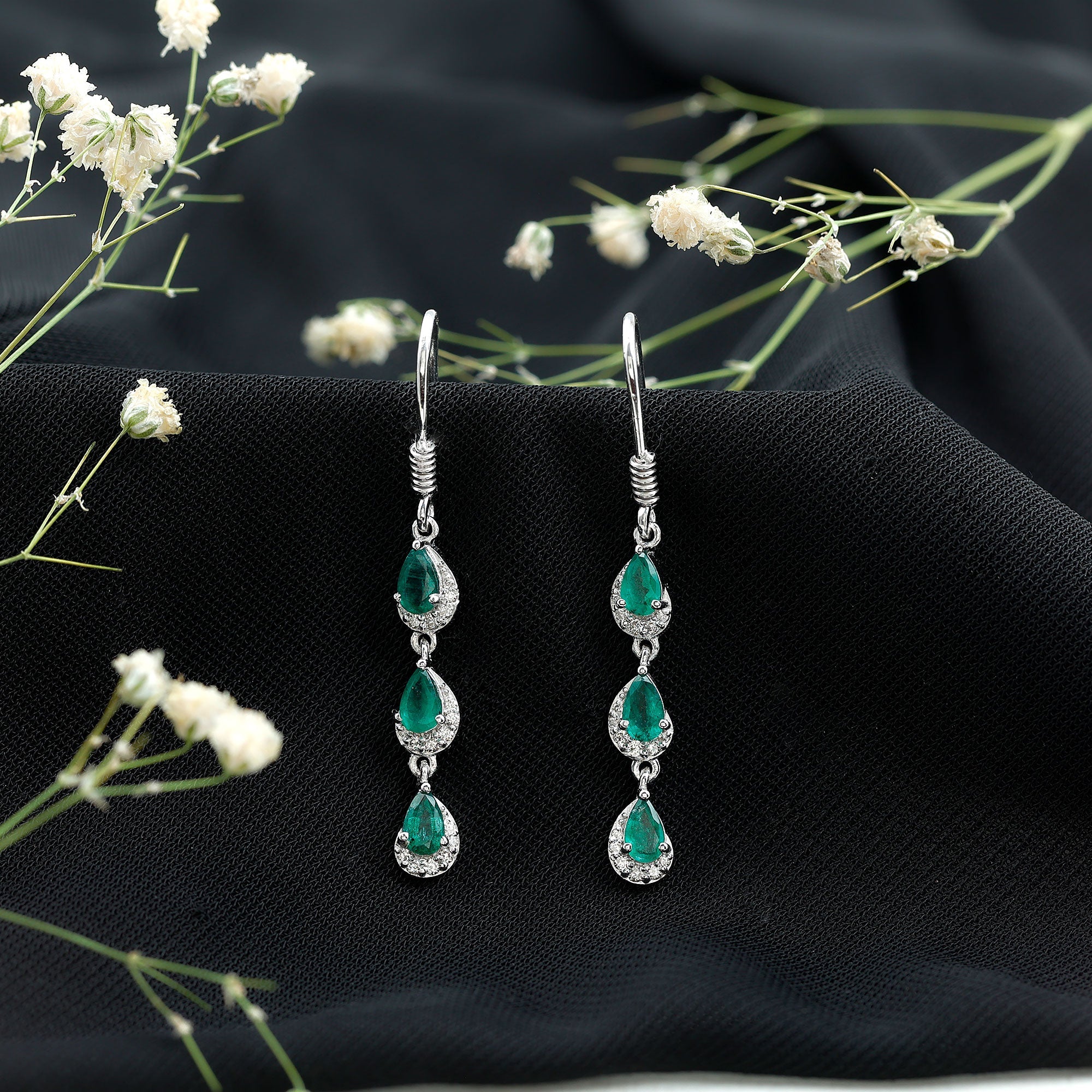 Pear Cut Emerald Dangle Earrings with Diamond