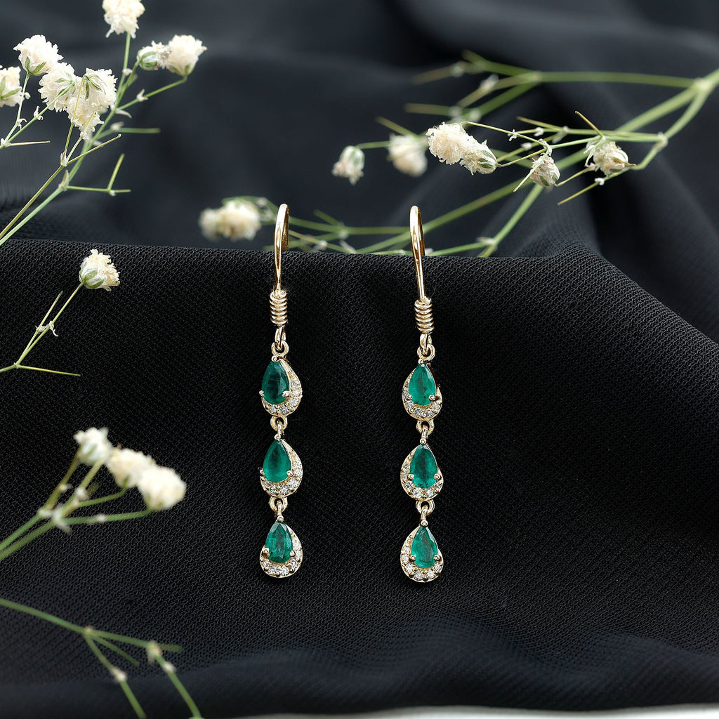 Pear Cut Emerald Dangle Earrings with Diamond