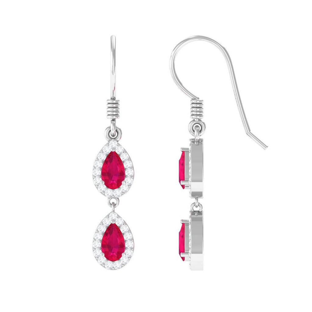 Real Pear Shape Ruby Dangle Earrings with Diamond