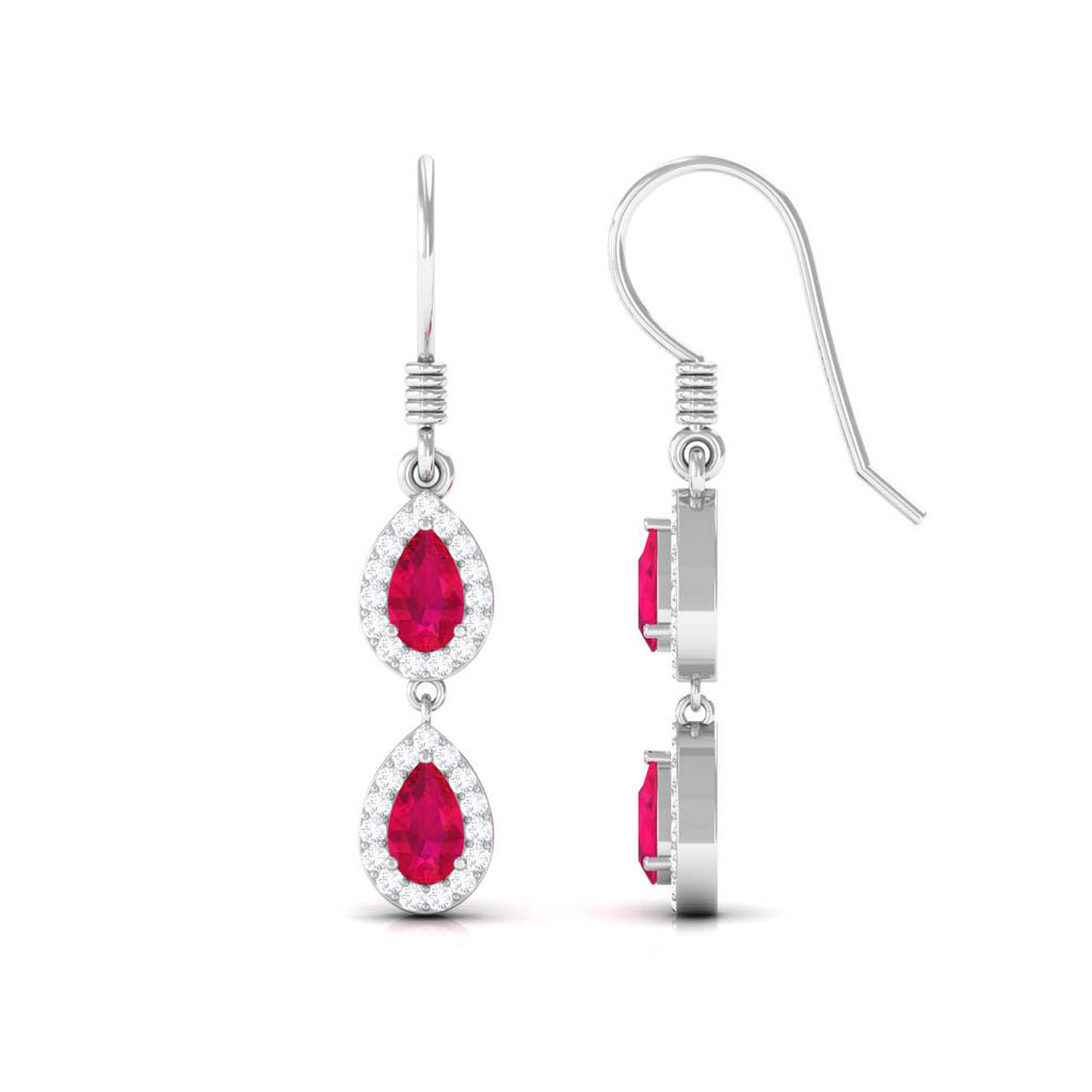 Real Pear Shape Ruby Dangle Earrings with Diamond