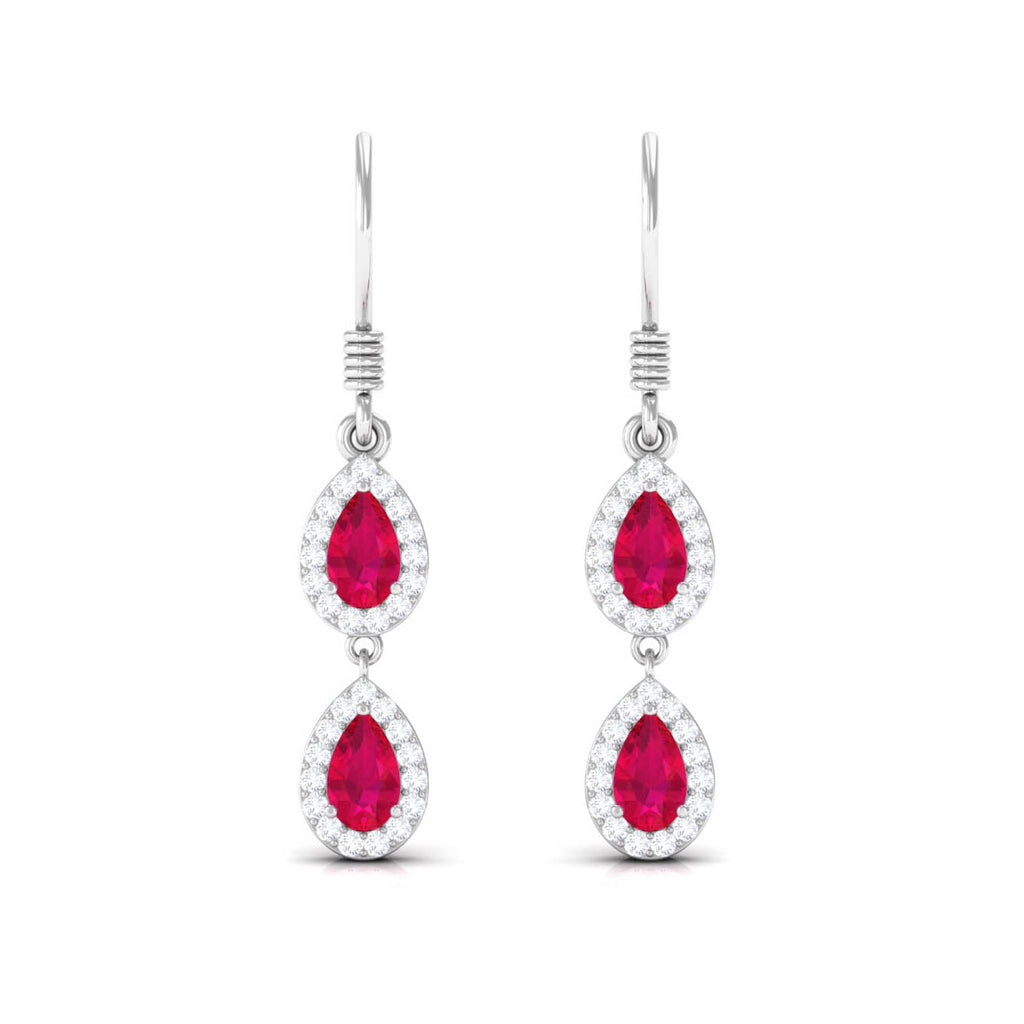 Real Pear Shape Ruby Dangle Earrings with Diamond
