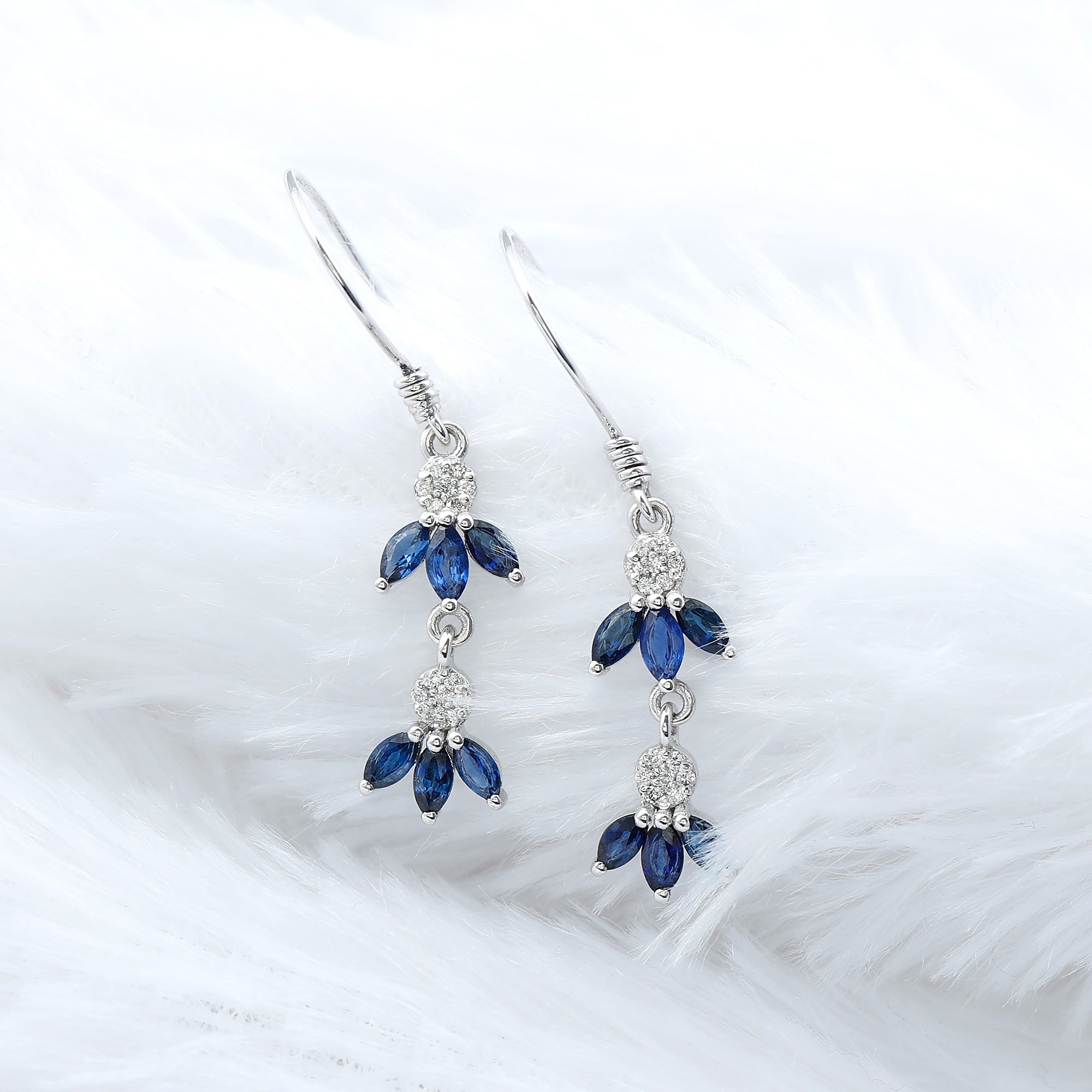 Natural Blue Sapphire and Diamond Leaf Dangle Earrings