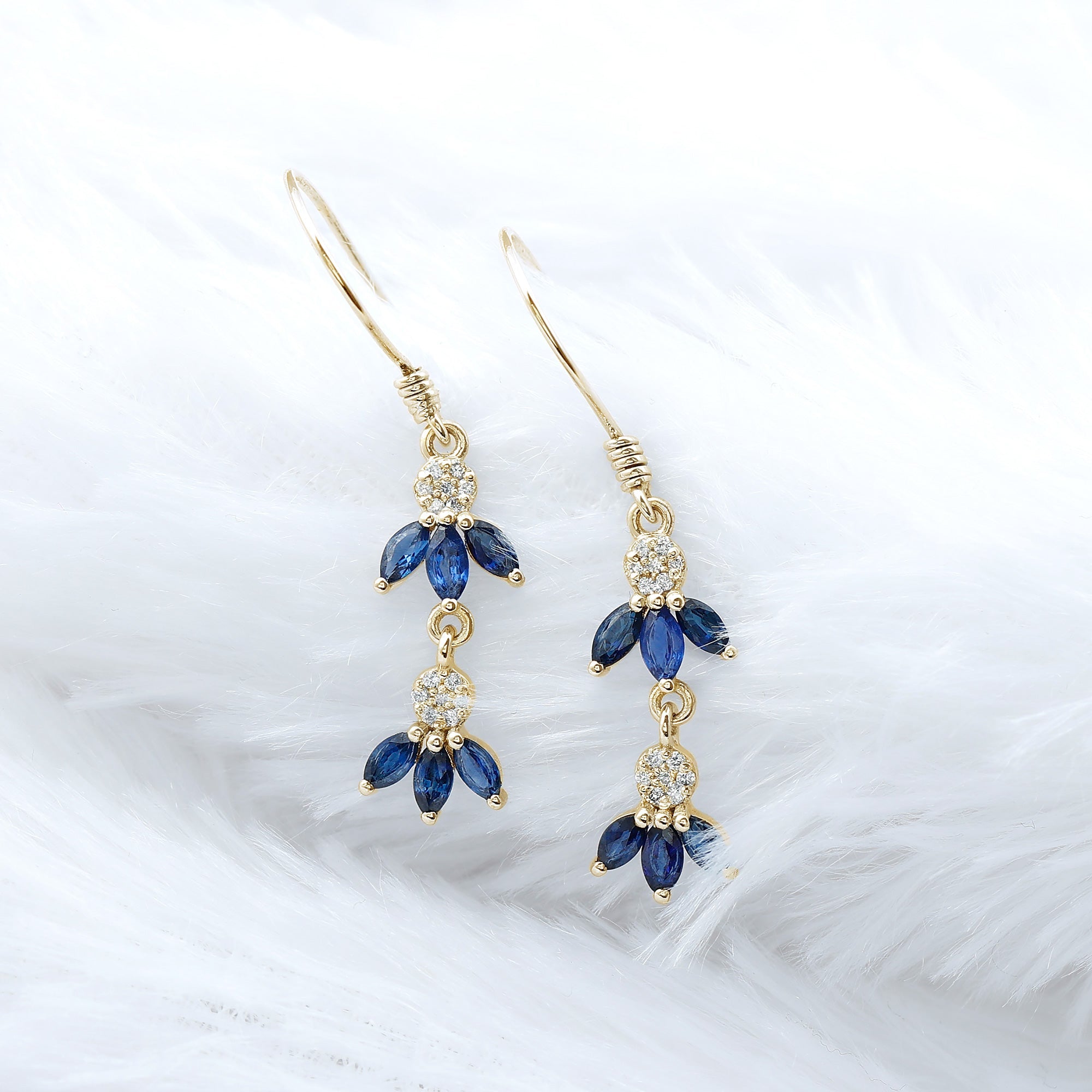Natural Blue Sapphire and Diamond Leaf Dangle Earrings