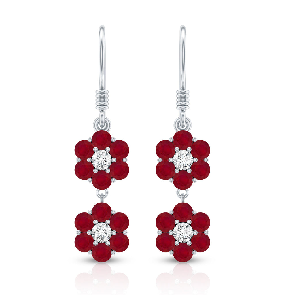 Natural Ruby Flower Dangle Earrings with Fish Hook