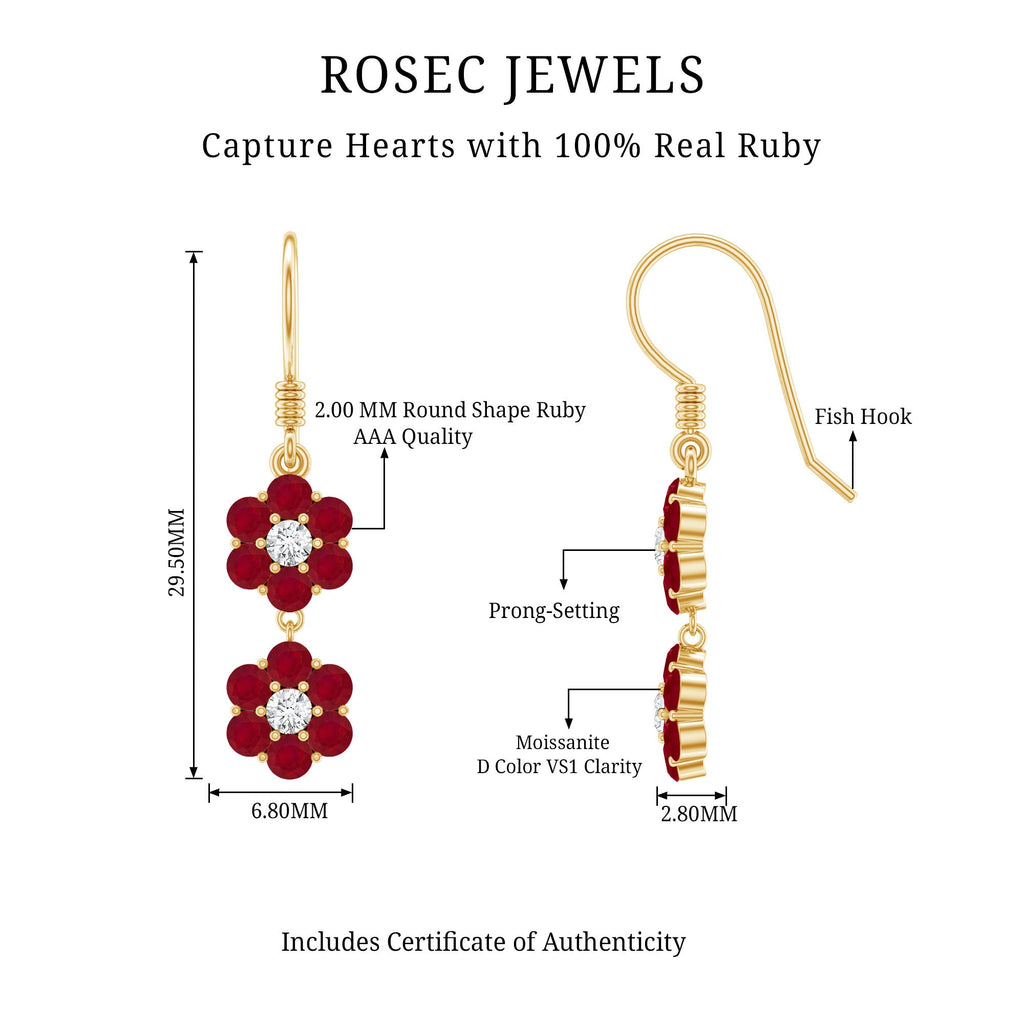 Natural Ruby Flower Dangle Earrings with Fish Hook