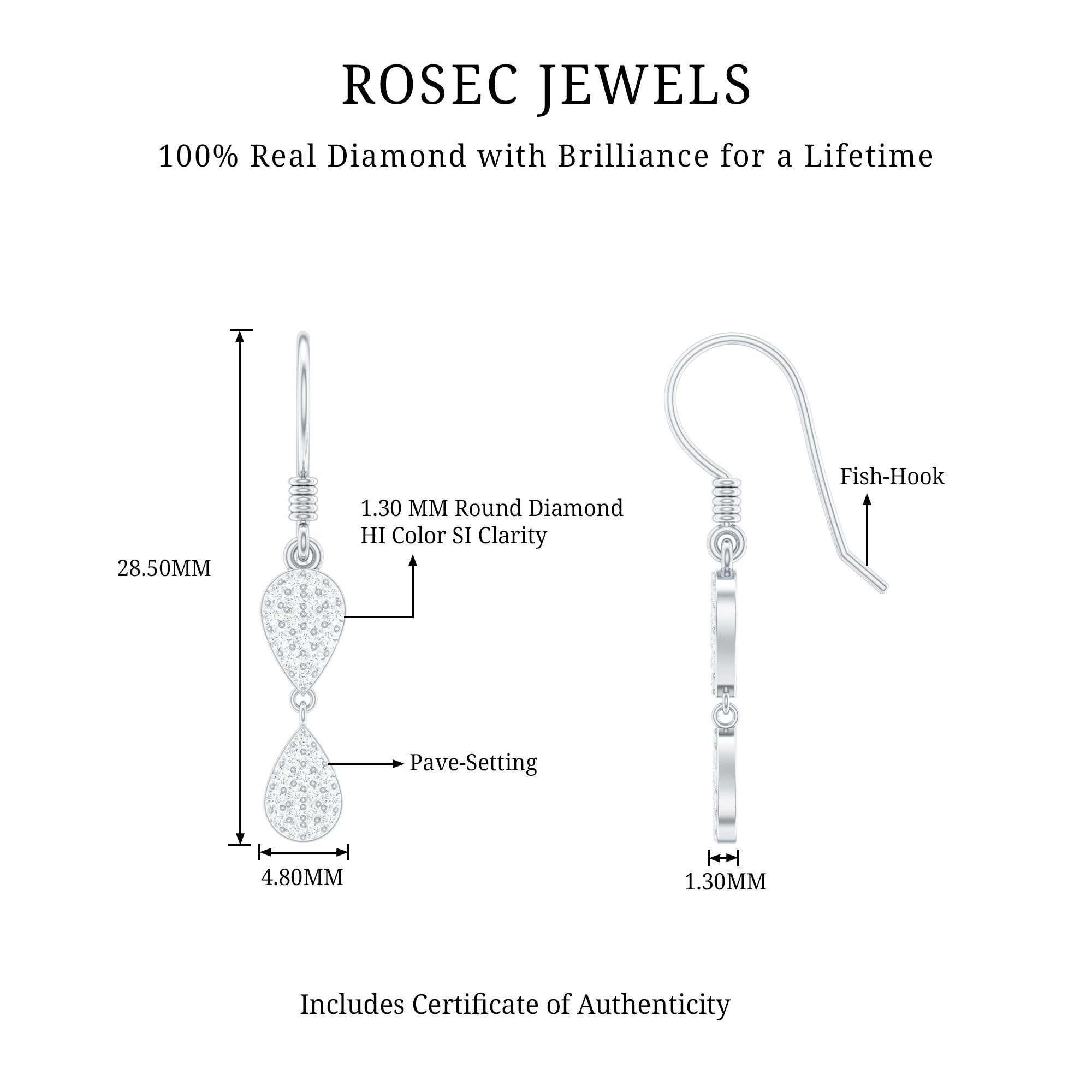 Pave Set Genuine Diamond Teardrop Dangle Earrings with Fish Hook