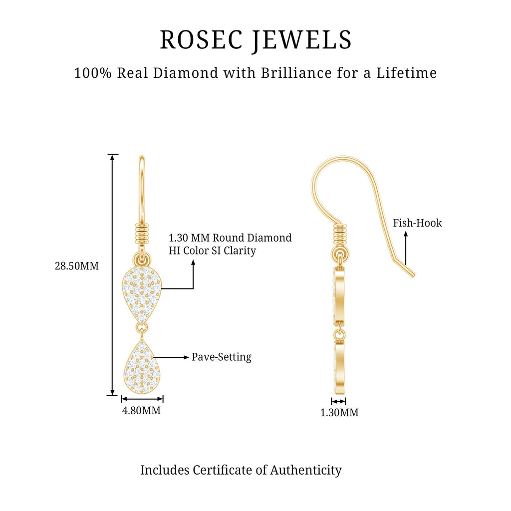 Pave Set Genuine Diamond Teardrop Dangle Earrings with Fish Hook