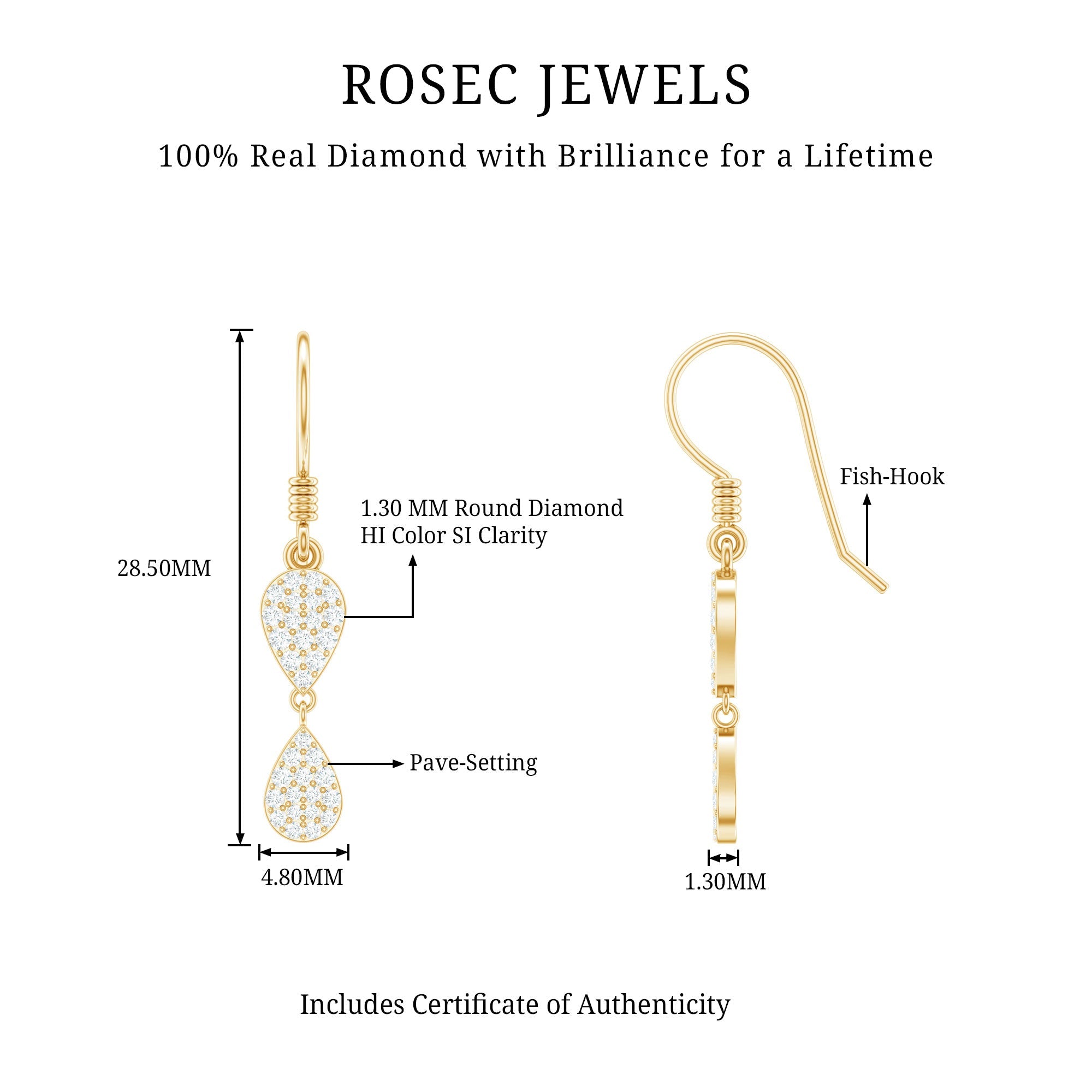 Pave Set Genuine Diamond Teardrop Dangle Earrings with Fish Hook