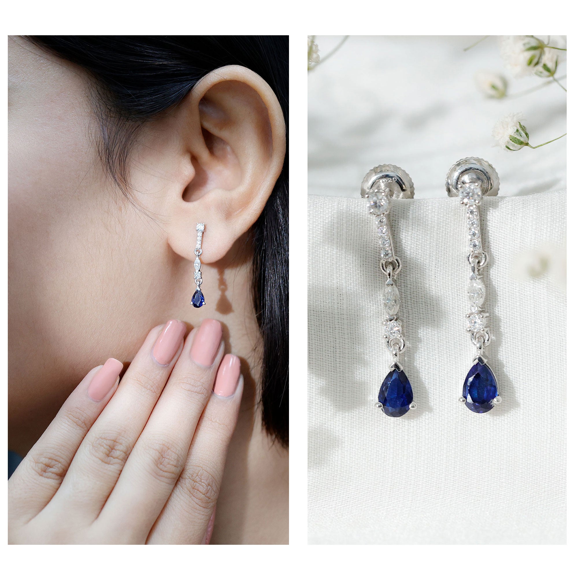Pear Cut Created Blue Sapphire and Moissanite Long Dangle Earrings