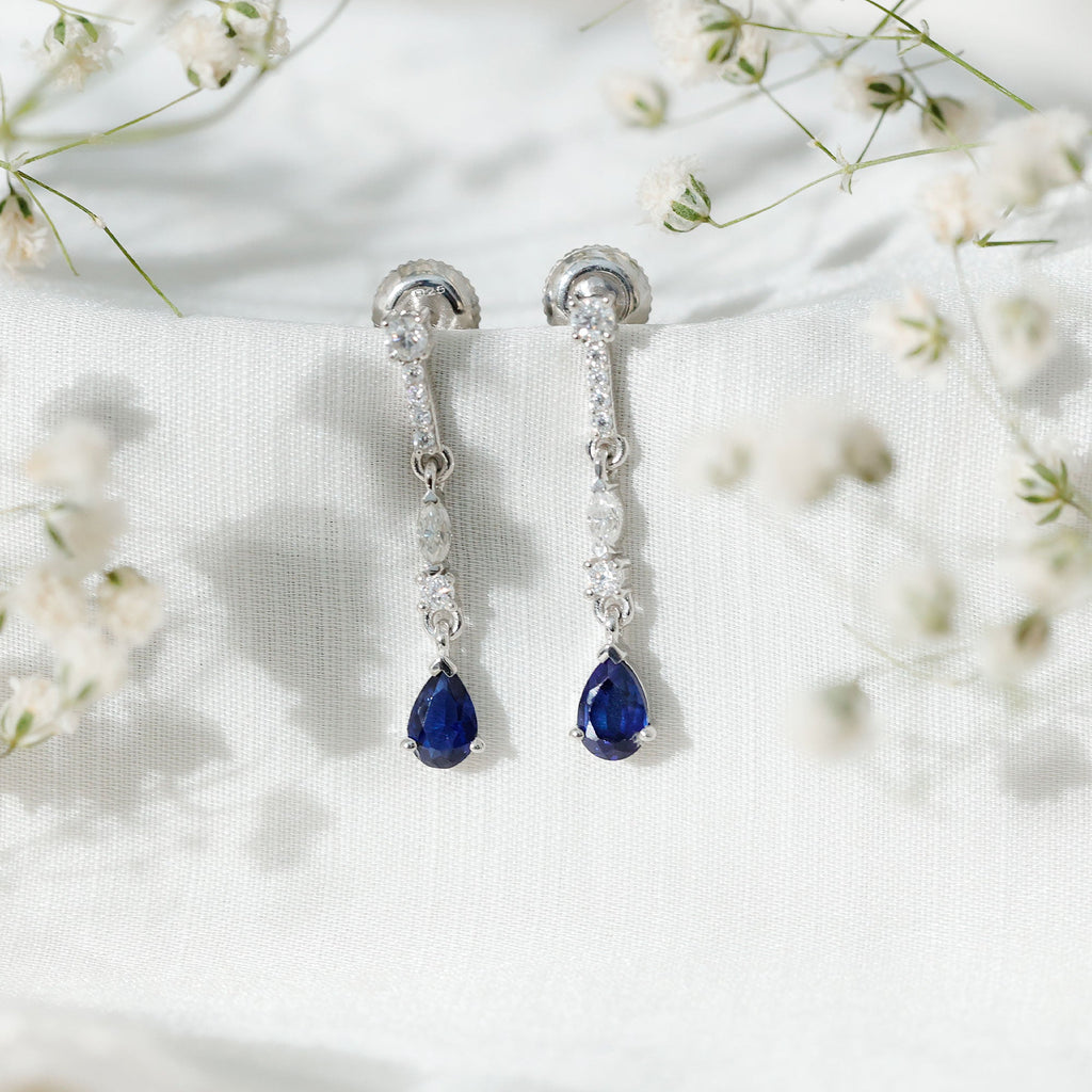 Pear Cut Created Blue Sapphire and Moissanite Long Dangle Earrings