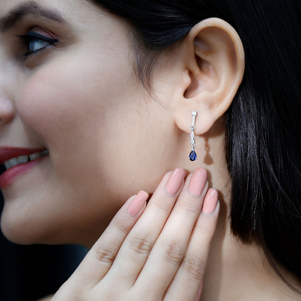 Pear Cut Created Blue Sapphire and Moissanite Long Dangle Earrings