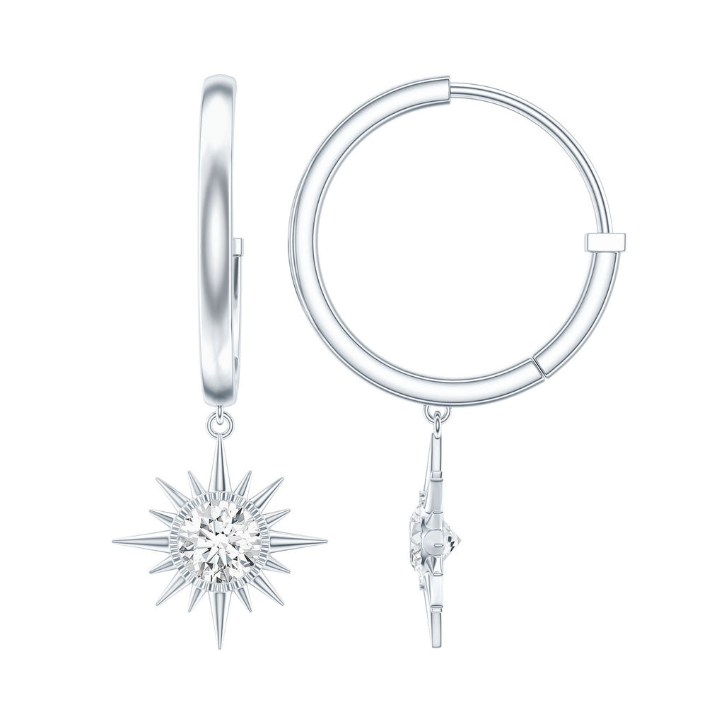 Bezel Set Round Moissanite Sunburst Hoop Drop Earrings