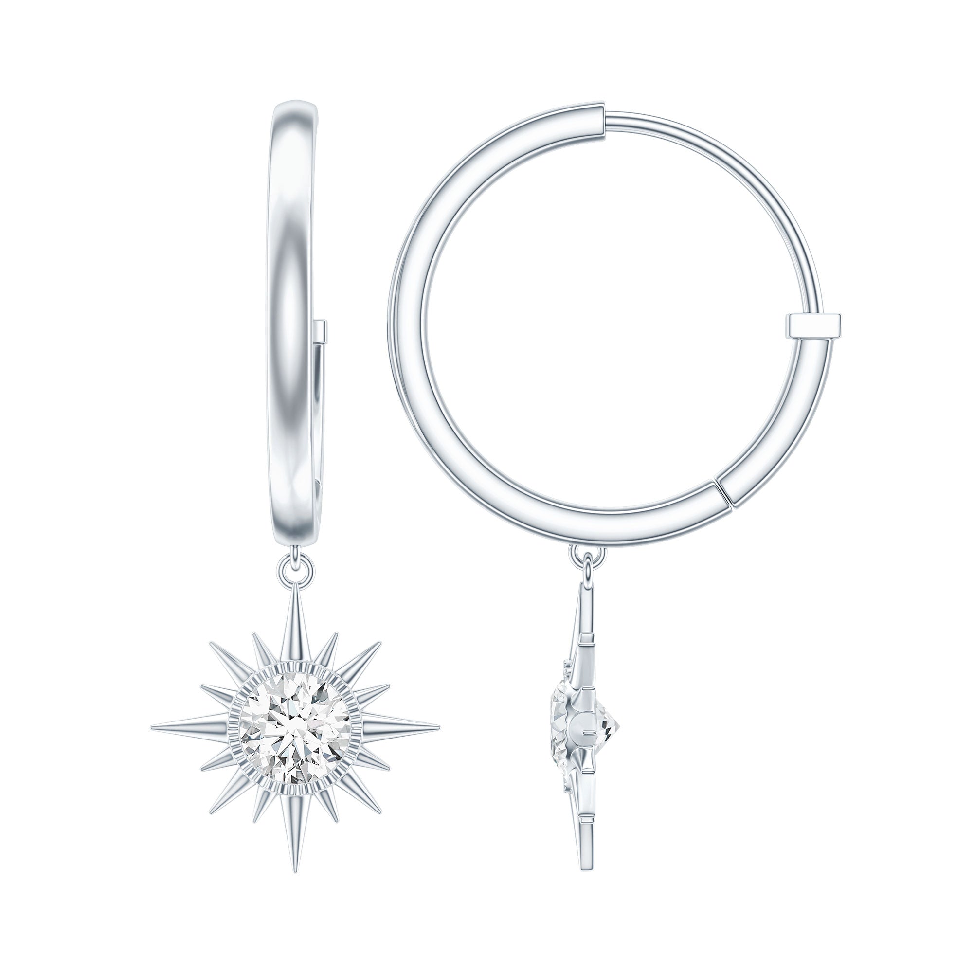 Bezel Set Round Moissanite Sunburst Hoop Drop Earrings
