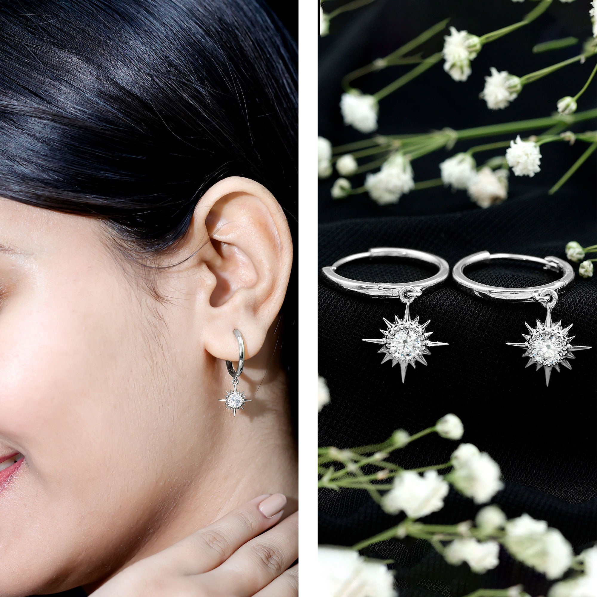 Bezel Set Round Moissanite Sunburst Hoop Drop Earrings