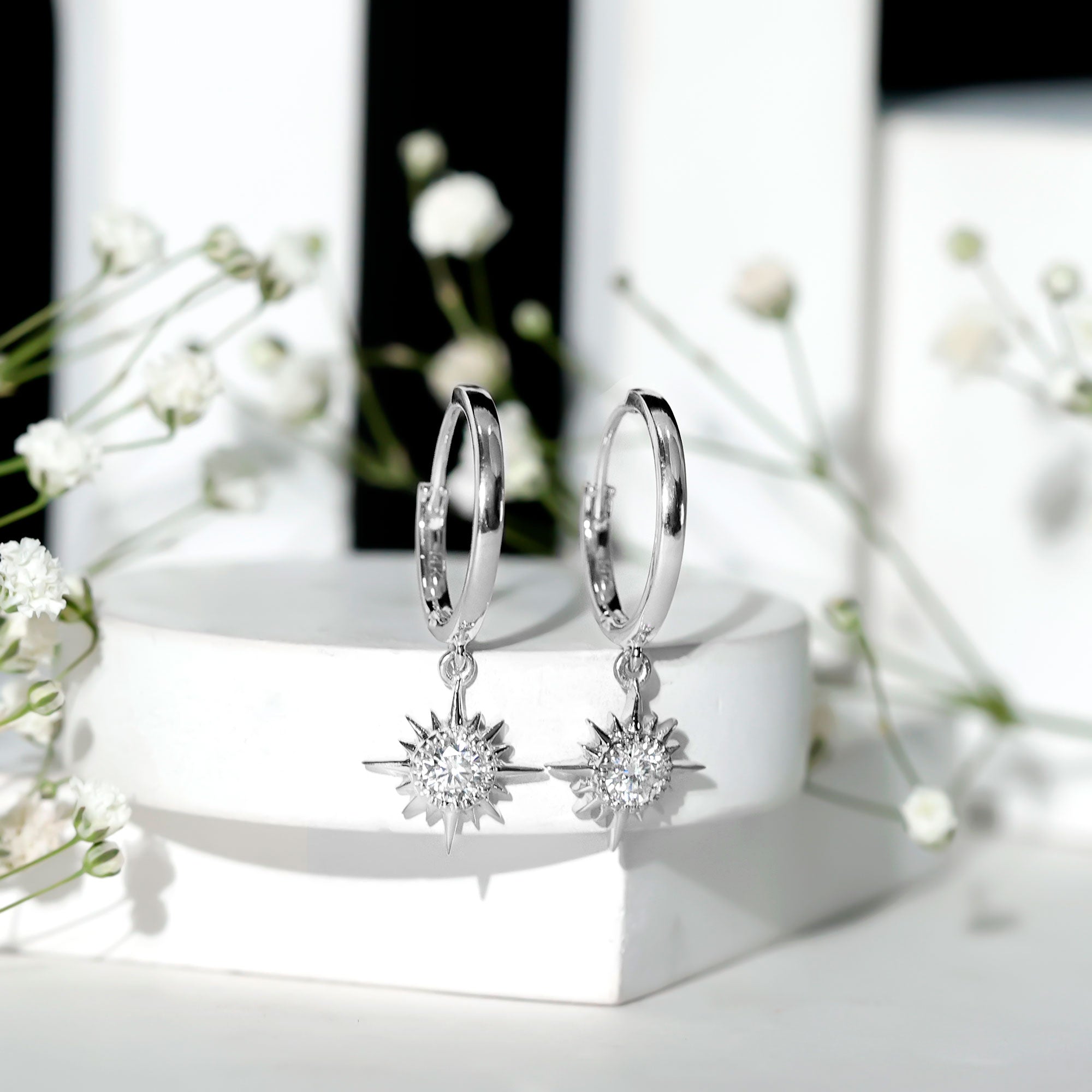 Bezel Set Round Moissanite Sunburst Hoop Drop Earrings