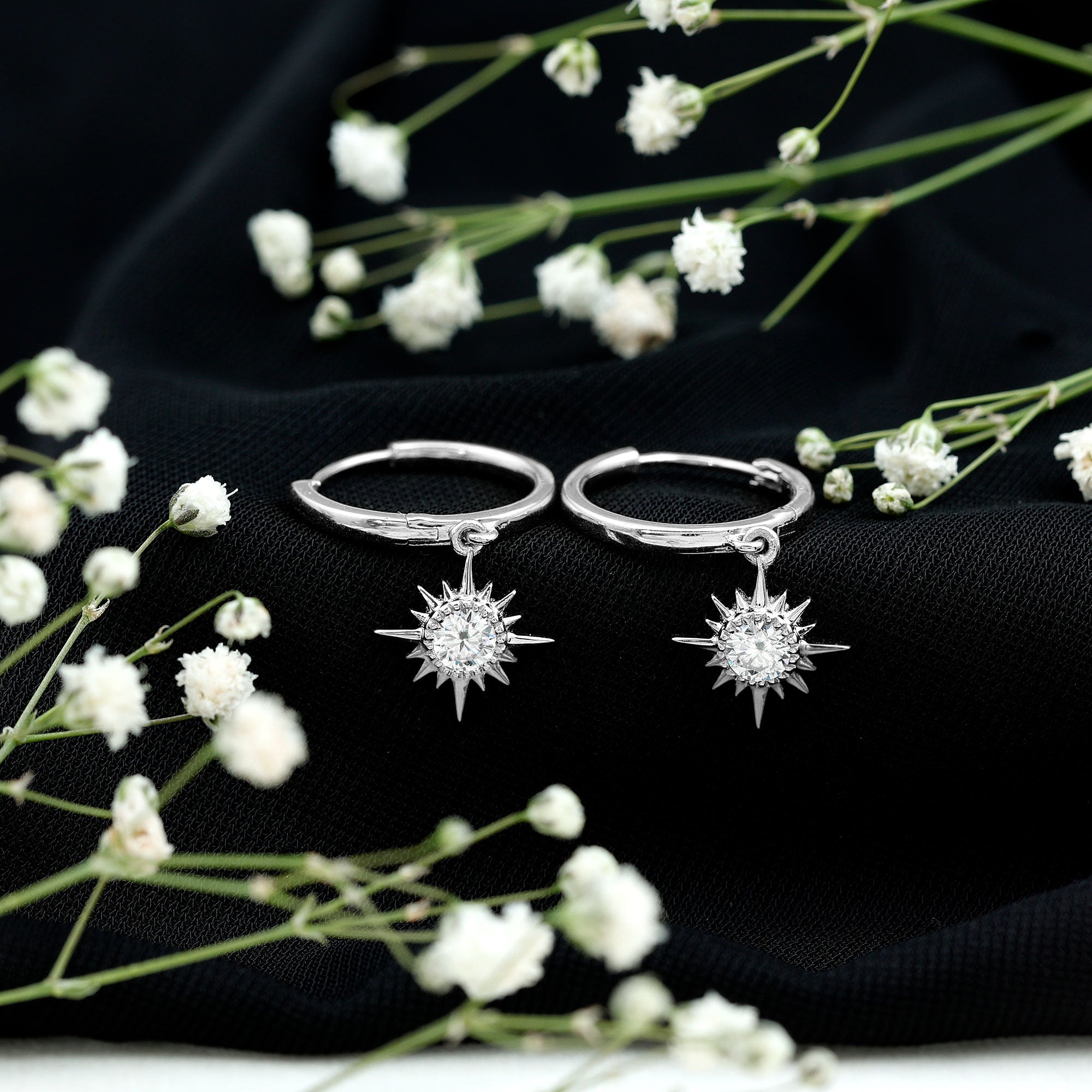 Bezel Set Round Moissanite Sunburst Hoop Drop Earrings