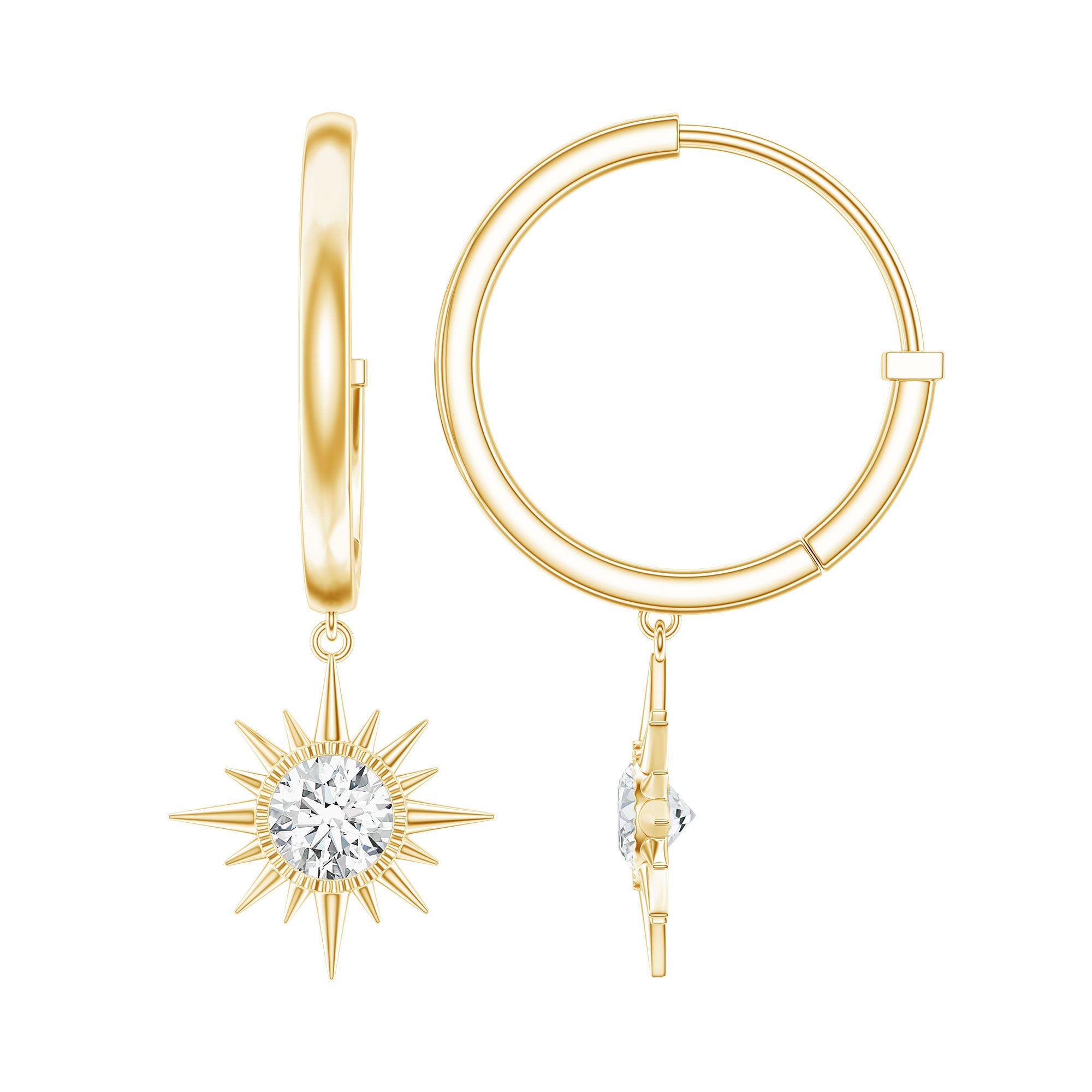 Bezel Set Round Moissanite Sunburst Hoop Drop Earrings