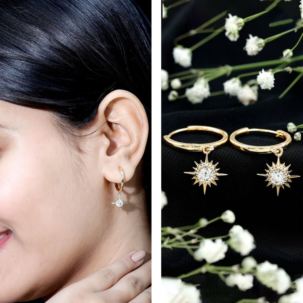 Bezel Set Round Moissanite Sunburst Hoop Drop Earrings