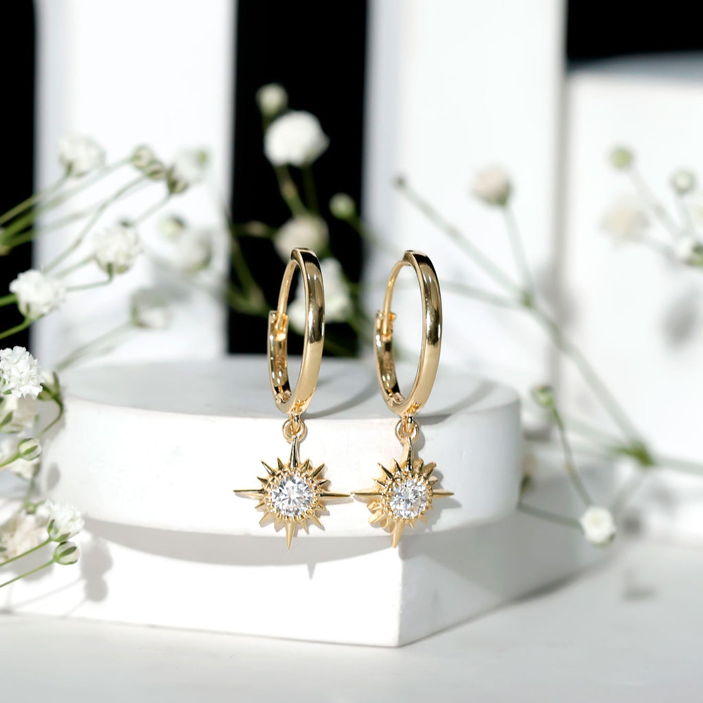 Bezel Set Round Moissanite Sunburst Hoop Drop Earrings