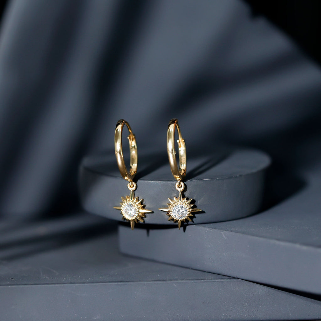 Bezel Set Round Moissanite Sunburst Hoop Drop Earrings