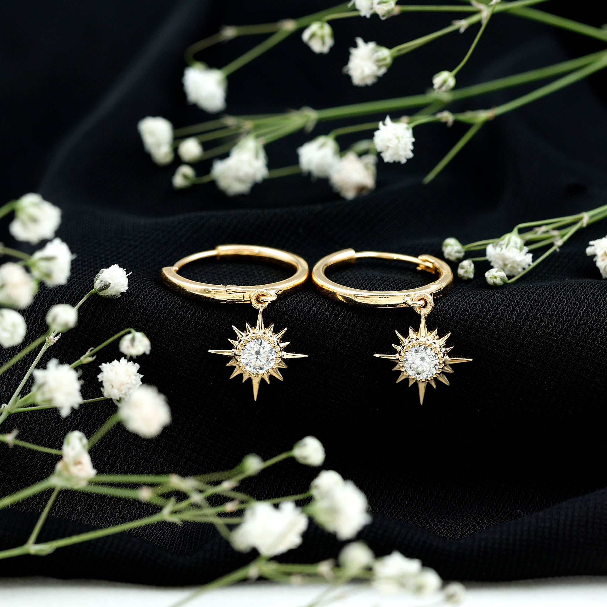 Bezel Set Round Moissanite Sunburst Hoop Drop Earrings