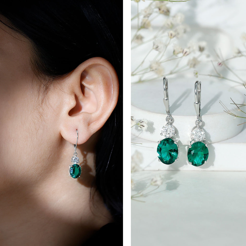 Lab Grown Emerald Oval Drop Earrings With Moissanite