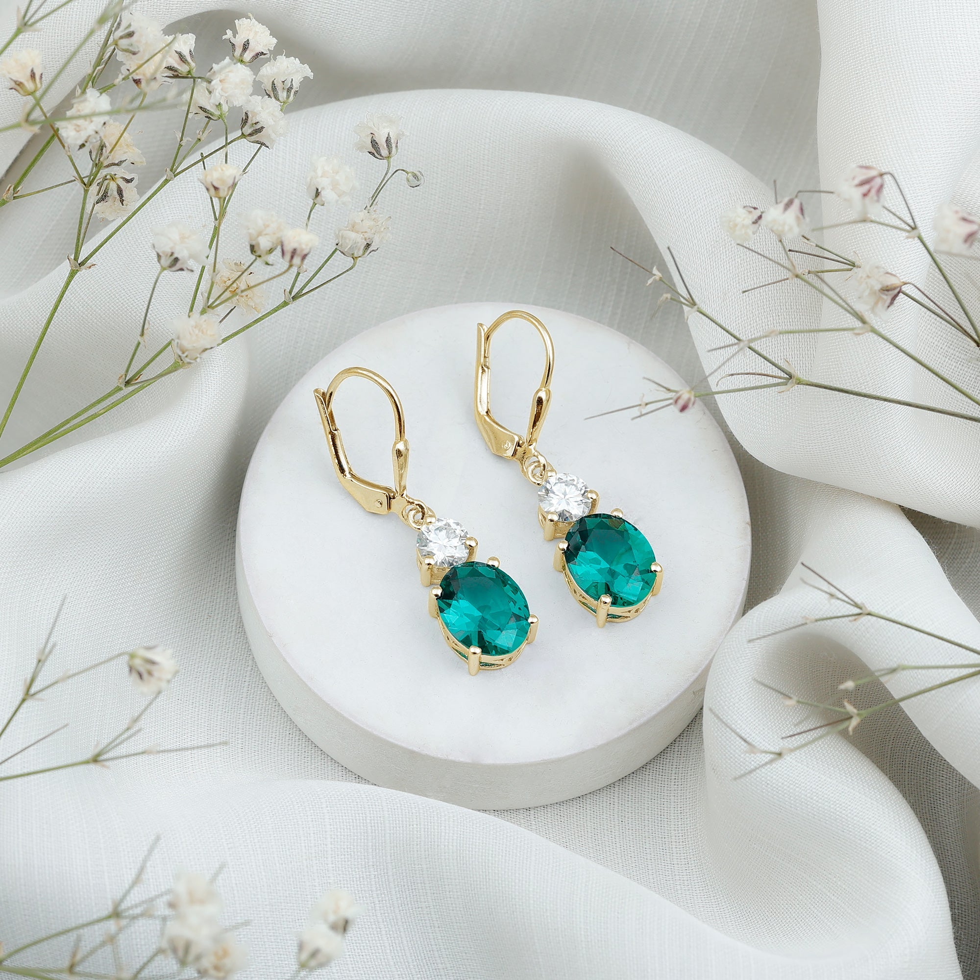 Lab Grown Emerald Oval Drop Earrings With Moissanite