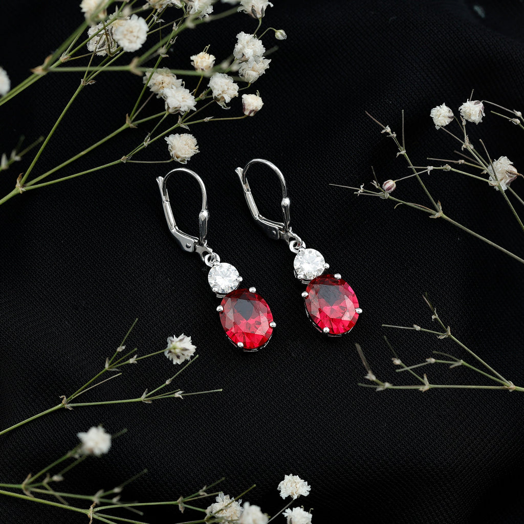 Oval Shape Lab Created Ruby Dangle Drop Earrings with Moissanite