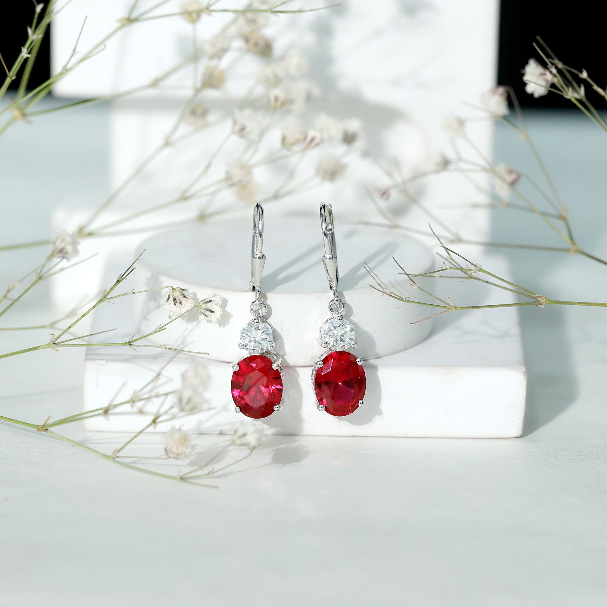 Oval Shape Lab Created Ruby Dangle Drop Earrings with Moissanite