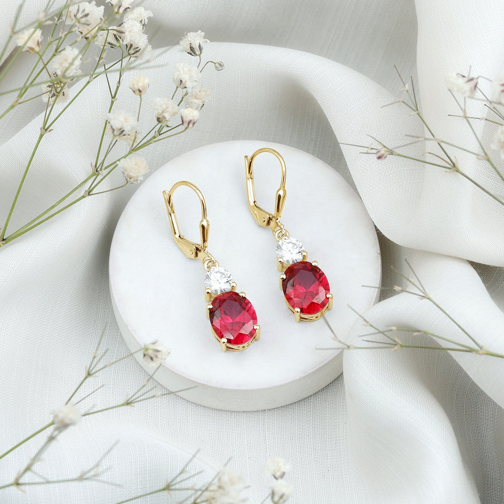 Oval Shape Lab Created Ruby Dangle Drop Earrings with Moissanite