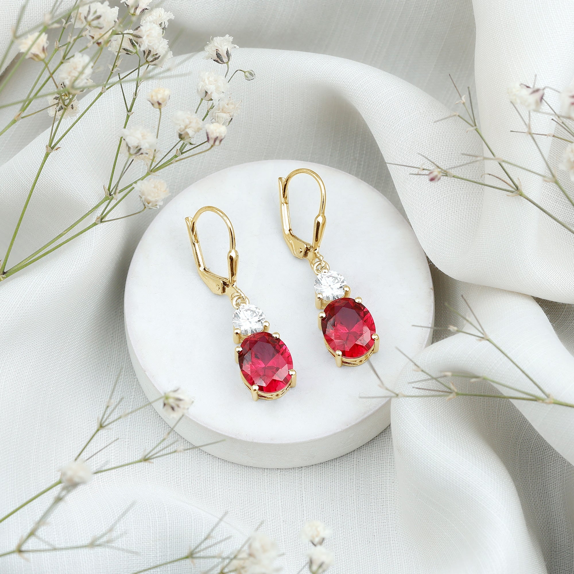 Oval Shape Lab Created Ruby Dangle Drop Earrings with Moissanite