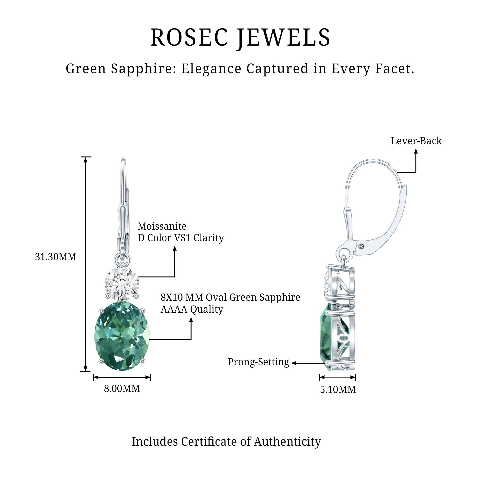 8 Carat Lab Grown Green Sapphire Drop Hoop Earrings in Silver