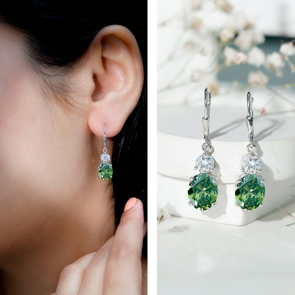 8 Carat Lab Grown Green Sapphire Drop Hoop Earrings in Silver