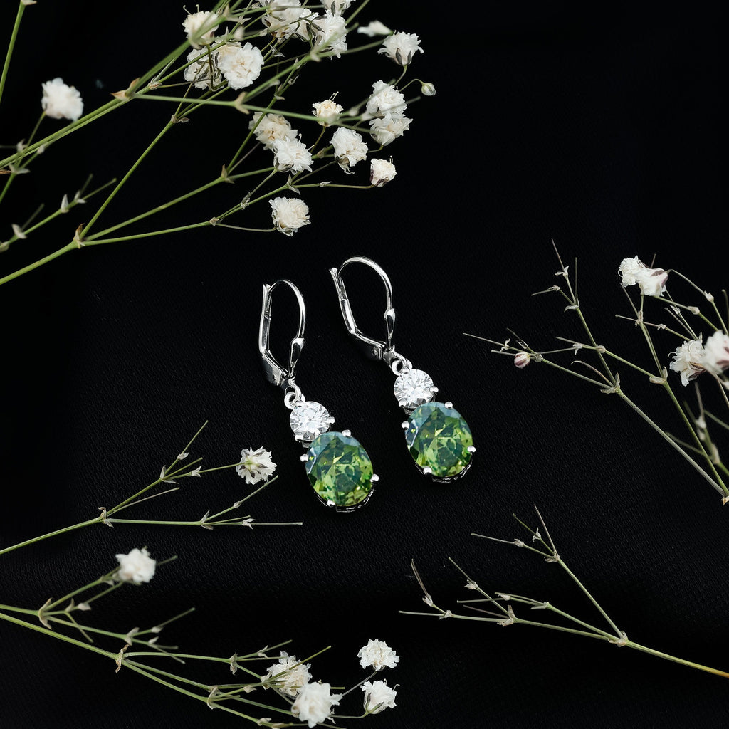 8 Carat Lab Grown Green Sapphire Drop Hoop Earrings in Silver