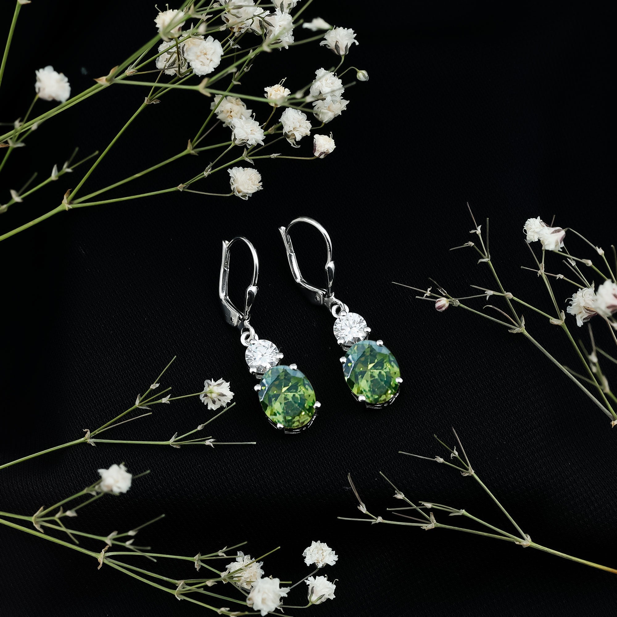 8 Carat Lab Grown Green Sapphire Drop Hoop Earrings in Silver