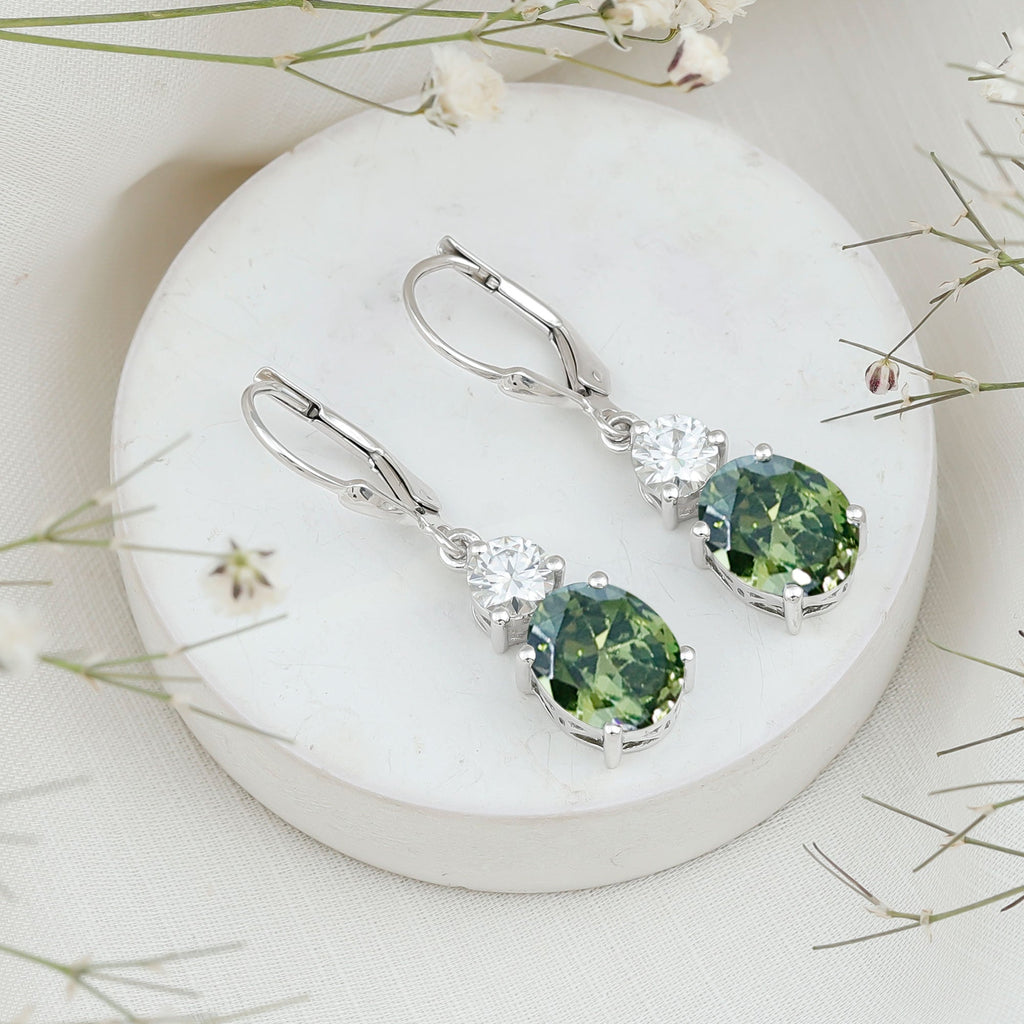 8 Carat Lab Grown Green Sapphire Drop Hoop Earrings in Silver