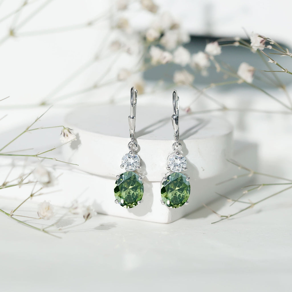 8 Carat Lab Grown Green Sapphire Drop Hoop Earrings in Silver