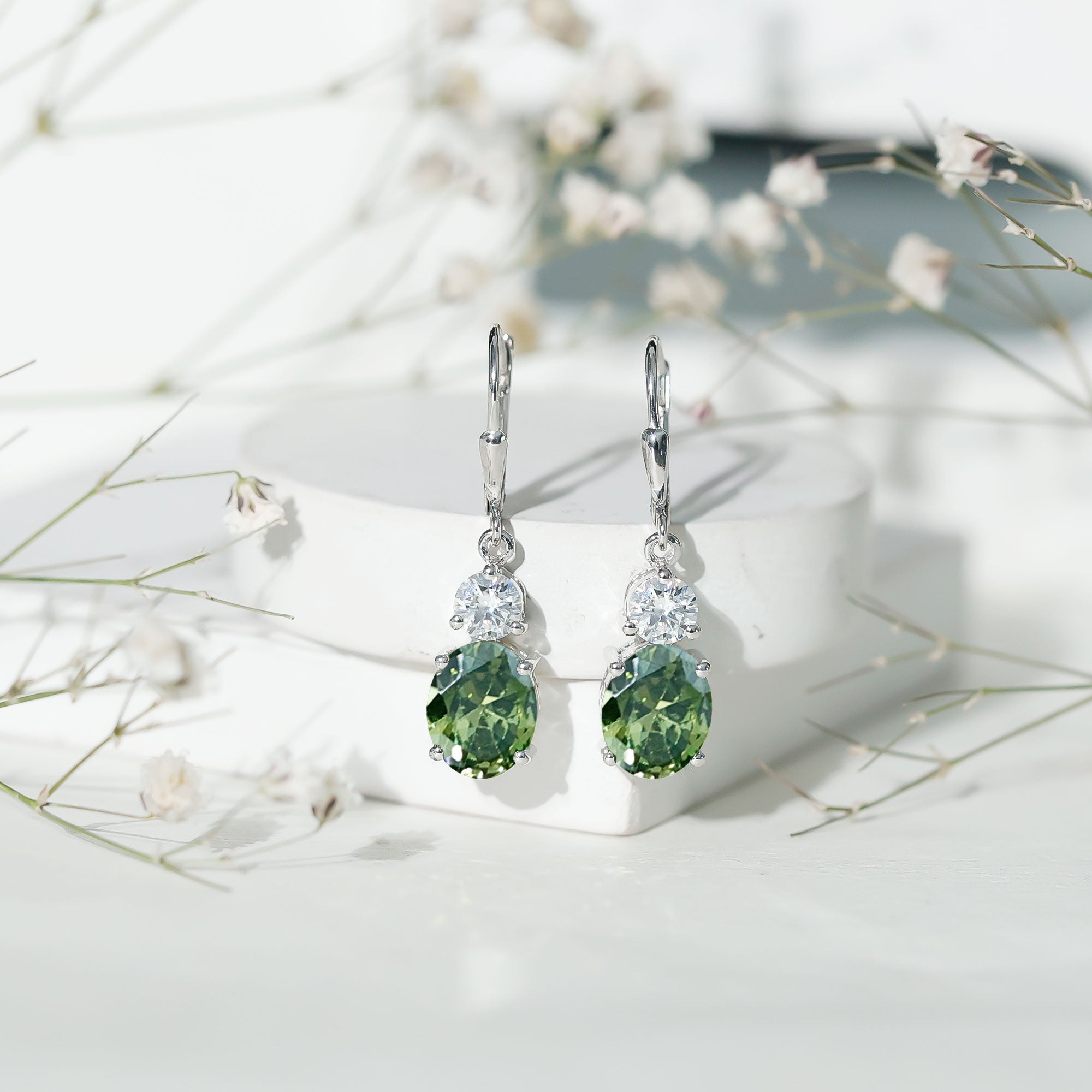 8 Carat Lab Grown Green Sapphire Drop Hoop Earrings in Silver