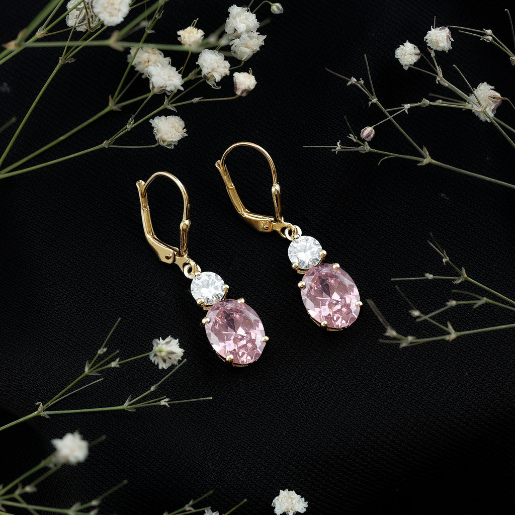 Lab Grown Pink Sapphire and Moissanite Drop Earrings With Leverback