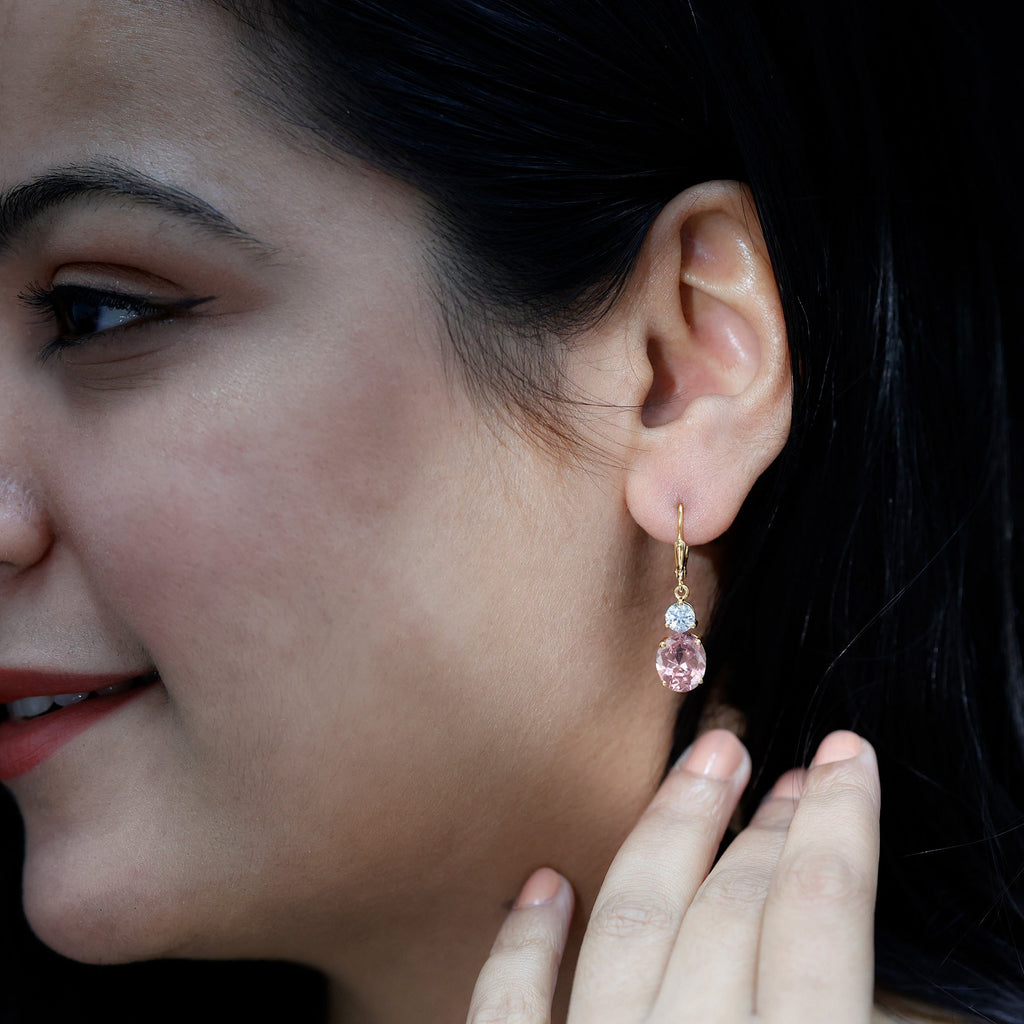 Lab Grown Pink Sapphire and Moissanite Drop Earrings With Leverback