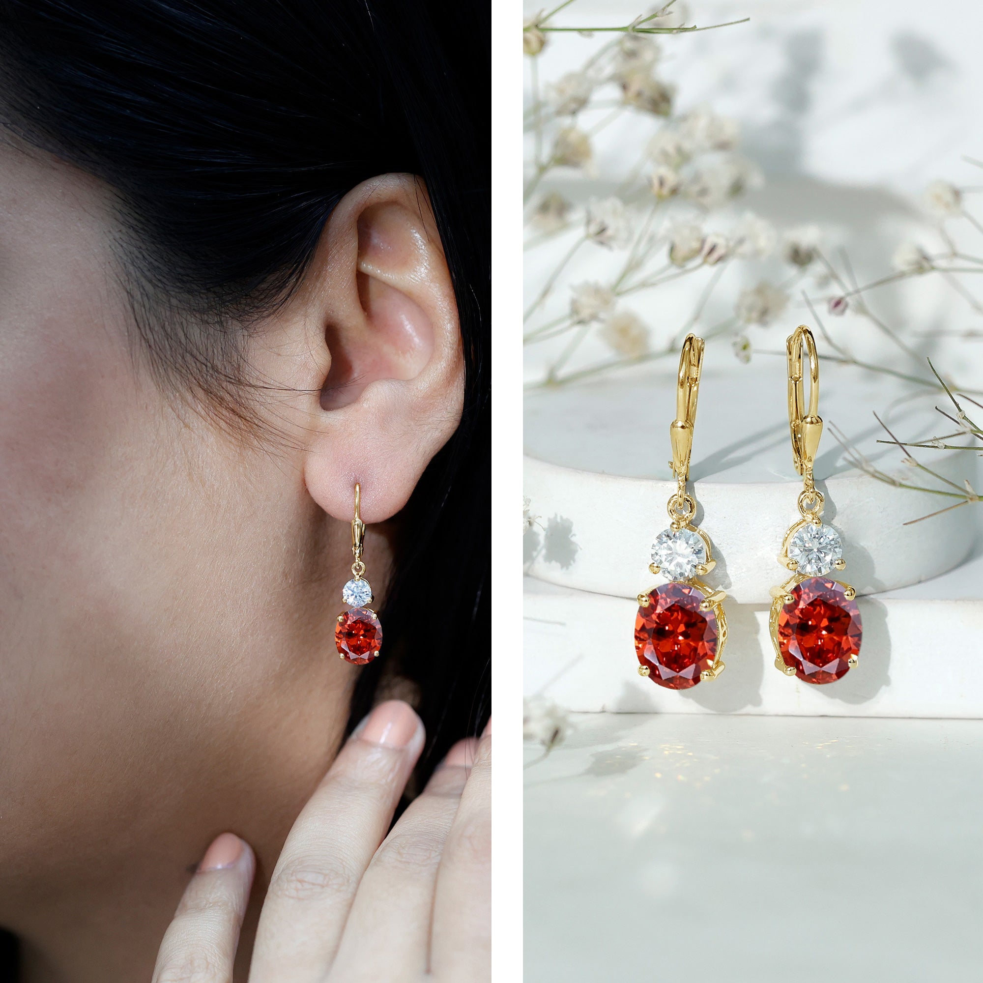 Certified Lab Grown Orange Sapphire And Moissanite Drop Dangle Earrings