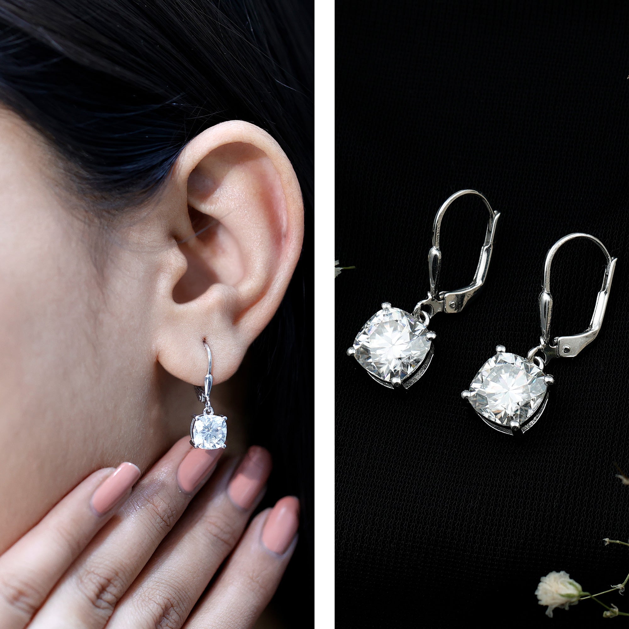 Certified 6 Carat Cushion Cut Moissanite Drop Earrings
