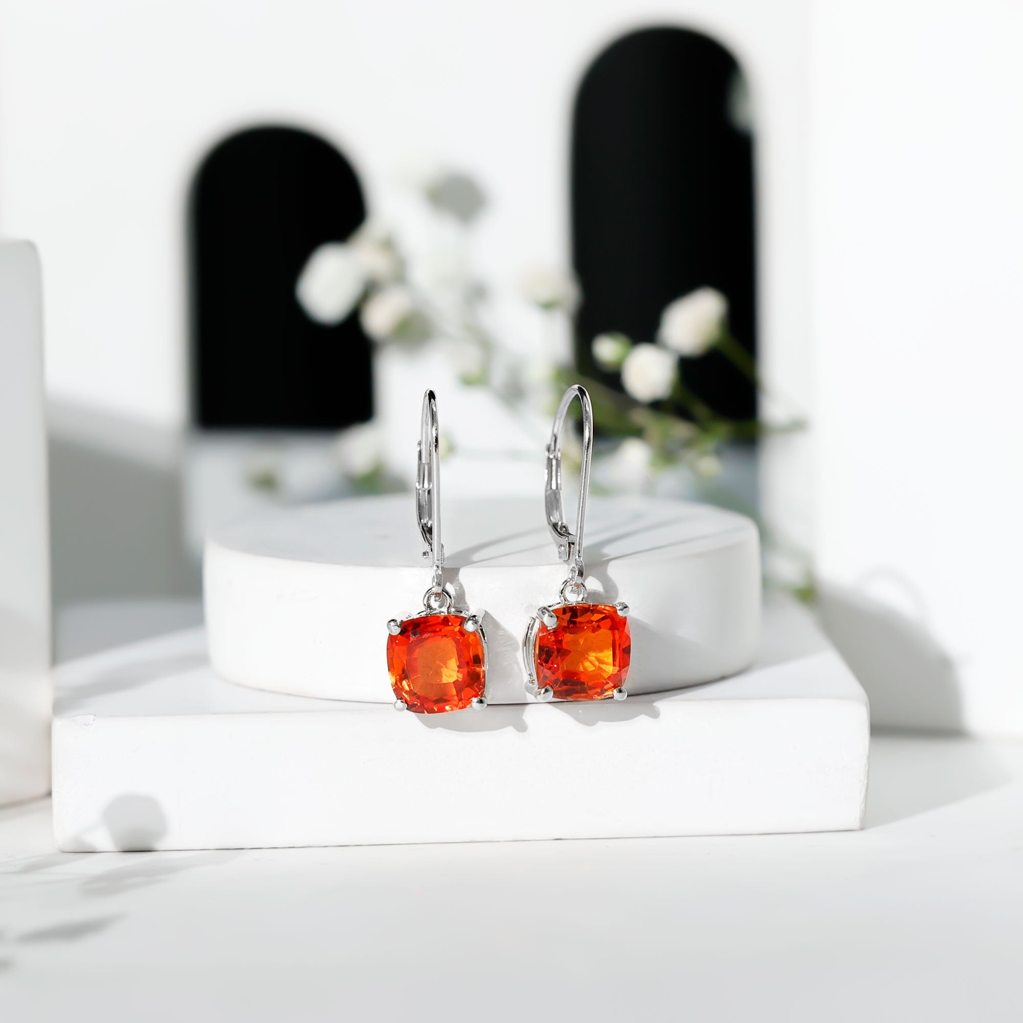 5.5 CT Cushion Cut Lab Created Orange Sapphire Drop Earrings